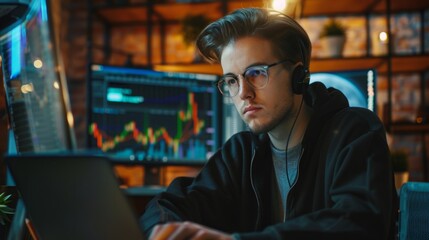 Poster - A man sitting while engaging with a laptop computer and wearing headphones.