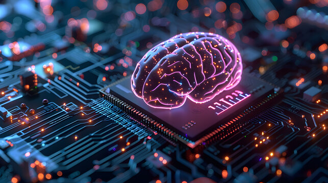 Holographic brain over CPU with ai icon represents artificial intelligence concept in technology 