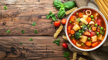 Wall Mural - A bowl of minestrone soup with fresh vegetables and pasta, set against a rustic background with copy space on the left