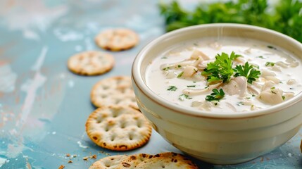 A bowl of clam chowder with crackers and parsley, set against a bright background with copy space on the left