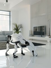 Wall Mural - A futuristic robot dog in a modern living room, with copy space on the top and bottom