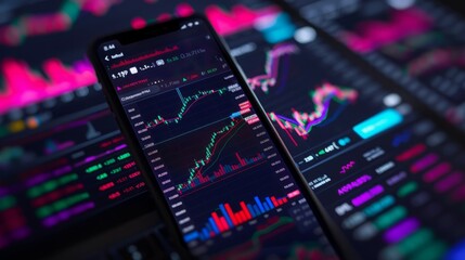 Poster - A cell phone screen showing a real-time stock market chart with fluctuating prices and trends.