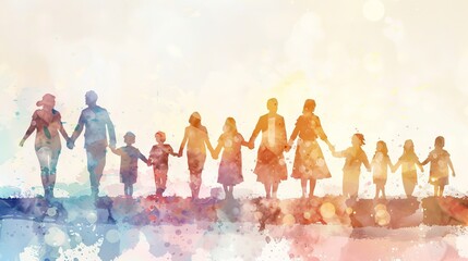 Watercolor family holding hands. A large family walks together holding hands in this colorful watercolor illustration about togetherness and love.