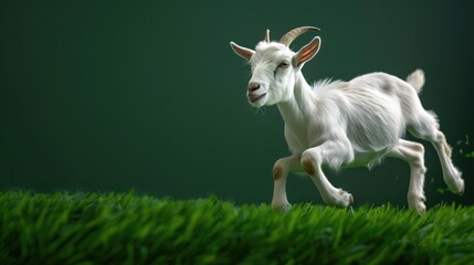 White goat running on green grass


