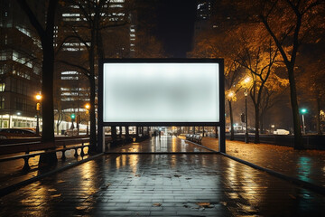 Digital white blank billboard in night in city. Roadside copy space background mockup