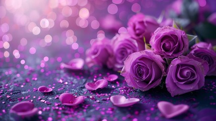 Sticker - Purple roses and purple hearts on purple background with bokeh lights.