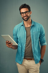 Poster - Man, backdrop and portrait with tablet and glasses, career with software programming in London. Male creative, ebook and studio with happiness for digital job, mobile app or website development