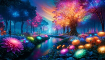 Poster - AI-generated illustration of a night scene of a forest with glowing lights and blooming flowers