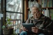© dark_blade - Handsome Asian man using digital tablet sitting on sofa at home. ai generated