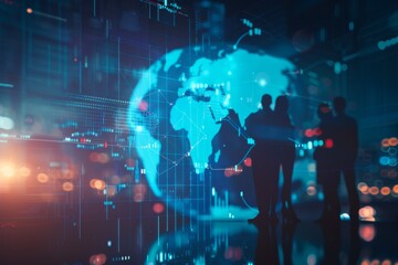 Poster - Business professionals and global network concept with silhouettes and world map hologram