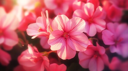 Poster - Close-up shot of vibrant pink flowers in full bloom with soft, warm sunlight creating a dreamy, ethereal atmosphere.