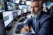 © Odin AI - An image depicting a businessman analyzing data on multiple computer screens in a modern trading or control room