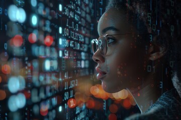 Fototapete - An image combining the human element with digital data code, symbolizing the intersection of humanity with technology