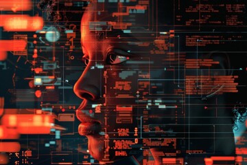 Fototapete - The image features an abstract digital technology backdrop with glowing orange lights and lines, suggesting a high-tech environment