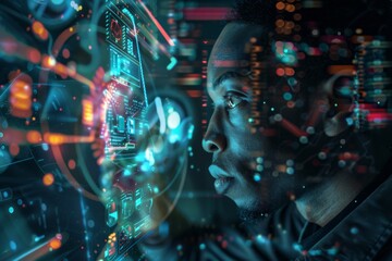 Fototapete - This image displays a circular patterned tech environment with glowing digits, evoking a sense of advanced digital systems