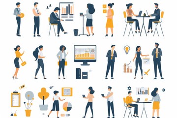 Poster - Colorful vector illustration displaying diverse office activities and team interactions