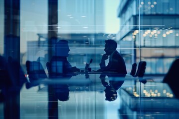 Poster - The silhouettes of two professionals engaged in a discussion in an office environment, with reflections on glass
