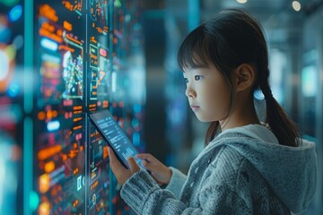 Poster - A woman is interacting with a digital interface while standing near a complex, illuminated server rack, signifying high-tech data management