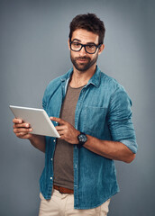 Leinwandbilder - Man, tablet and portrait by white background with smile for social media, website or internet search. Male person, happy and technology for b2b ecommerce, startup and online or digital research