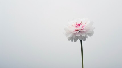 A single white cornflower with pink-tipped petals, standing out against a completely white background