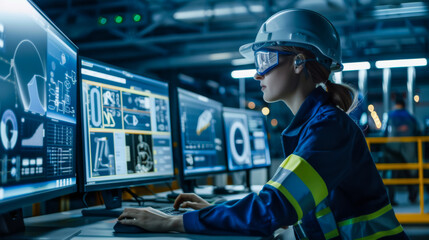 A young female engineer in a uniform and a safety helmet uses a computer to optimize back office operations. Industrial plant maintenance worker in process office.