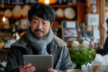 Wall Mural - Handsome Asian man using digital tablet sitting in the cafe. ai generated