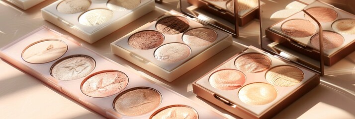 Poster - Various contouring palettes and highlighters displayed on a light background, showcasing rich colors and an organized layout. Generative AI