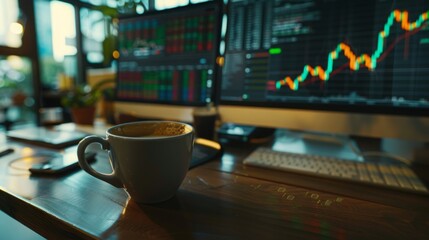 Poster - A cup of coffee is placed on a desk in front of an open computer screen.