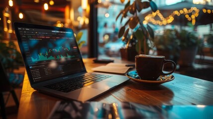 Poster - A laptop computer is placed on top of a wooden table.