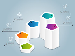 Wall Mural - horizontal infographics hexagon isometric 5 steps for report presentation template background