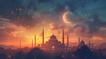 Islamic greeting Eid ul adha Ramadan Kareem and Eid Mubarak background with lanterns , lamps and lights