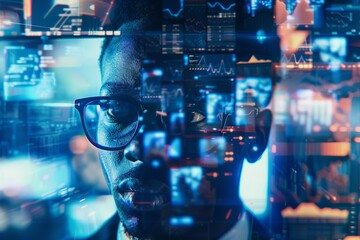 Fototapete - A person is shown with digital graphs and data overlaid, creating a futuristic and technological feel