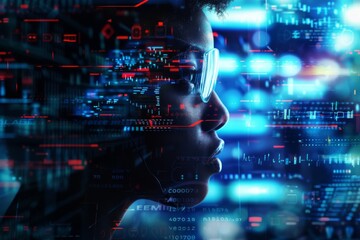 Fototapete - Image of a person with a futuristic digital interface suggests high-tech and cyber concepts