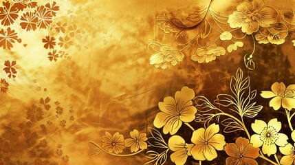 Elegant gold floral background with intricate flower designs and leaves, featuring a luxurious and metallic texture.