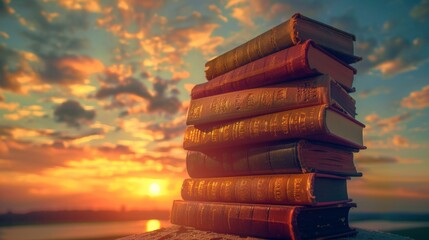 Wall Mural -  book ,knowledge development, wide lens, inspiring future. Educational growth, stack of books, sunrise backdrop, 