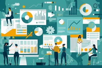 Poster - An illustration of a team collaborating in a data-rich environment full of charts and graphs