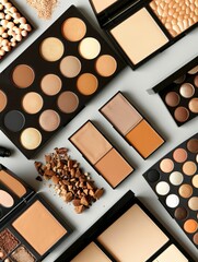 Aufkleber - A close-up view of several contouring palettes and highlighters arranged on a light gray surface. The makeup is organized and elegant. Generative AI
