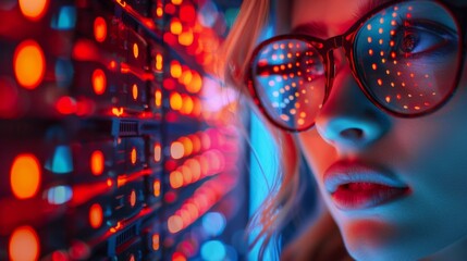 Poster - Rack servers in a data center illuminated with red lights creating a tech ambiance