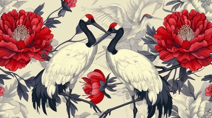 Elegant illustration featuring two red-crowned cranes surrounded by detailed red peonies and foliage on a light background.