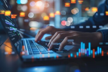 Poster - A detailed look at a person's hands typing on a laptop keyboard, with visible data graphs on the screen