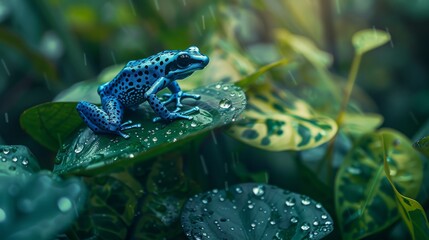 Wall Mural - A blue frog on a green leaf in the rain, an amphibian and terrestrial animal