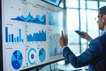 Poster - Business professional pointing to growth charts on a digital display during a presentation or analysis
