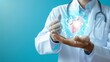 © mashimara - Doctor holding holographic heart model in hands. Futuristic representation of cardiology and medical technology in healthcare.