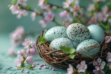 Sticker - Light lavender and mint green pastel Easter eggs in a basket. Concept of celebration and festivity. Generative Ai.