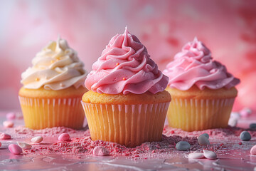 Wall Mural - Delicate pastel yellow and pink cupcakes with soft icing. Concept of sweetness and indulgence. Generative Ai.