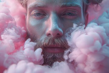 Canvas Print - A man with a beard made of cotton candy. Concept of fun and sweetness. Generative Ai.