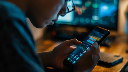 Poster - A man is seated at a desk, absorbed in his cell phone screen, focused and engaged in his digital activity.