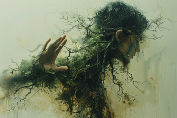 Wall Mural - A person turning into a tree, their limbs becoming branches. Concept of nature and continuity. Generative Ai.