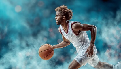 Focused basketball athlete dribbling on court