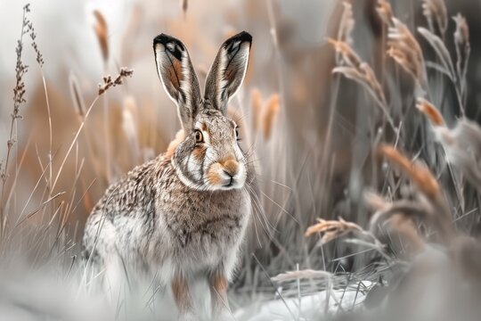 A brown hare stands in tall beige grass against a snowy background.